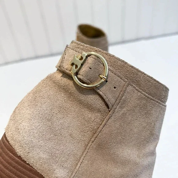 Tory Burch Sophia Tan Suede Block Heel Designer Bohemian Logo Booties 6 WORN - Picture 3 of 12